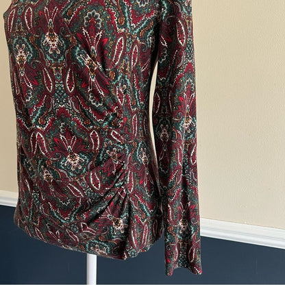 Talbots Faux Wrap Jewel Tone V-Neck Blouse Size Small Long Sleeve Paisley