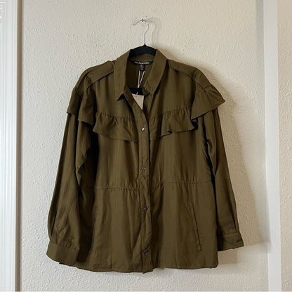 ZARA TRF OUTERWEAR Shacket Shirt Jacket Ruffle NEW Olive Green Size Large