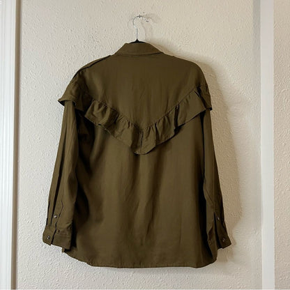 ZARA TRF OUTERWEAR Shacket Shirt Jacket Ruffle NEW Olive Green Size Large