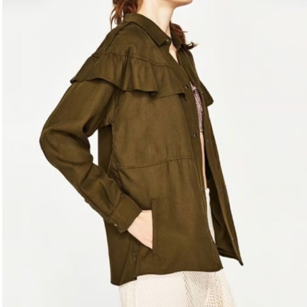 ZARA TRF OUTERWEAR Shacket Shirt Jacket Ruffle NEW Olive Green Size Large
