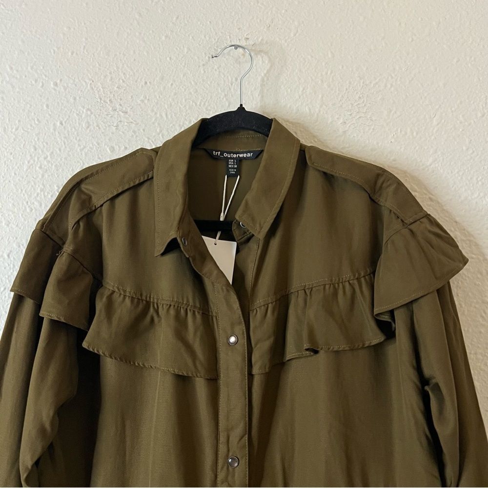 ZARA TRF OUTERWEAR Shacket Shirt Jacket Ruffle NEW Olive Green Size Large