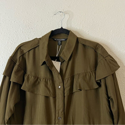 ZARA TRF OUTERWEAR Shacket Shirt Jacket Ruffle NEW Olive Green Size Large
