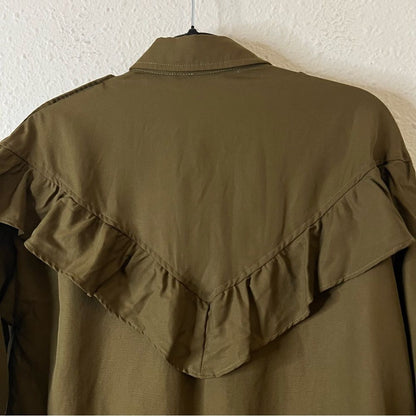 ZARA TRF OUTERWEAR Shacket Shirt Jacket Ruffle NEW Olive Green Size Large