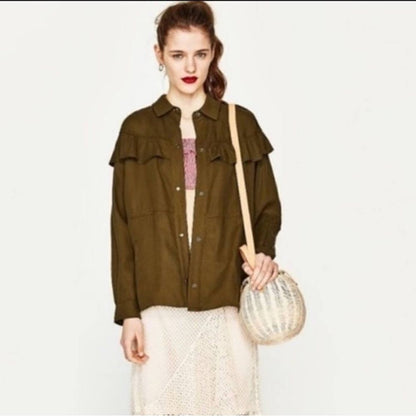 ZARA TRF OUTERWEAR Shacket Shirt Jacket Ruffle NEW Olive Green Size Large