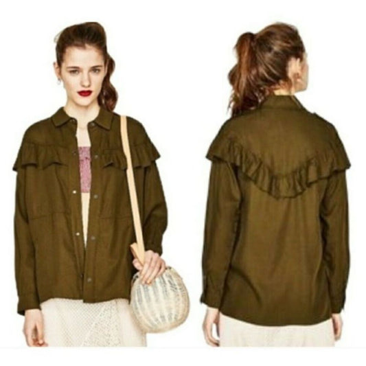 ZARA TRF OUTERWEAR Shacket Shirt Jacket Ruffle NEW Olive Green Size Large