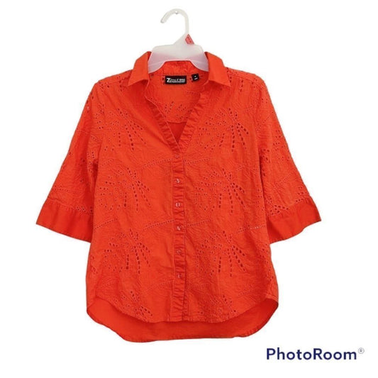 New York & Company 7th Avenue Cotton Eyelet Button Front Shirt Size Medium