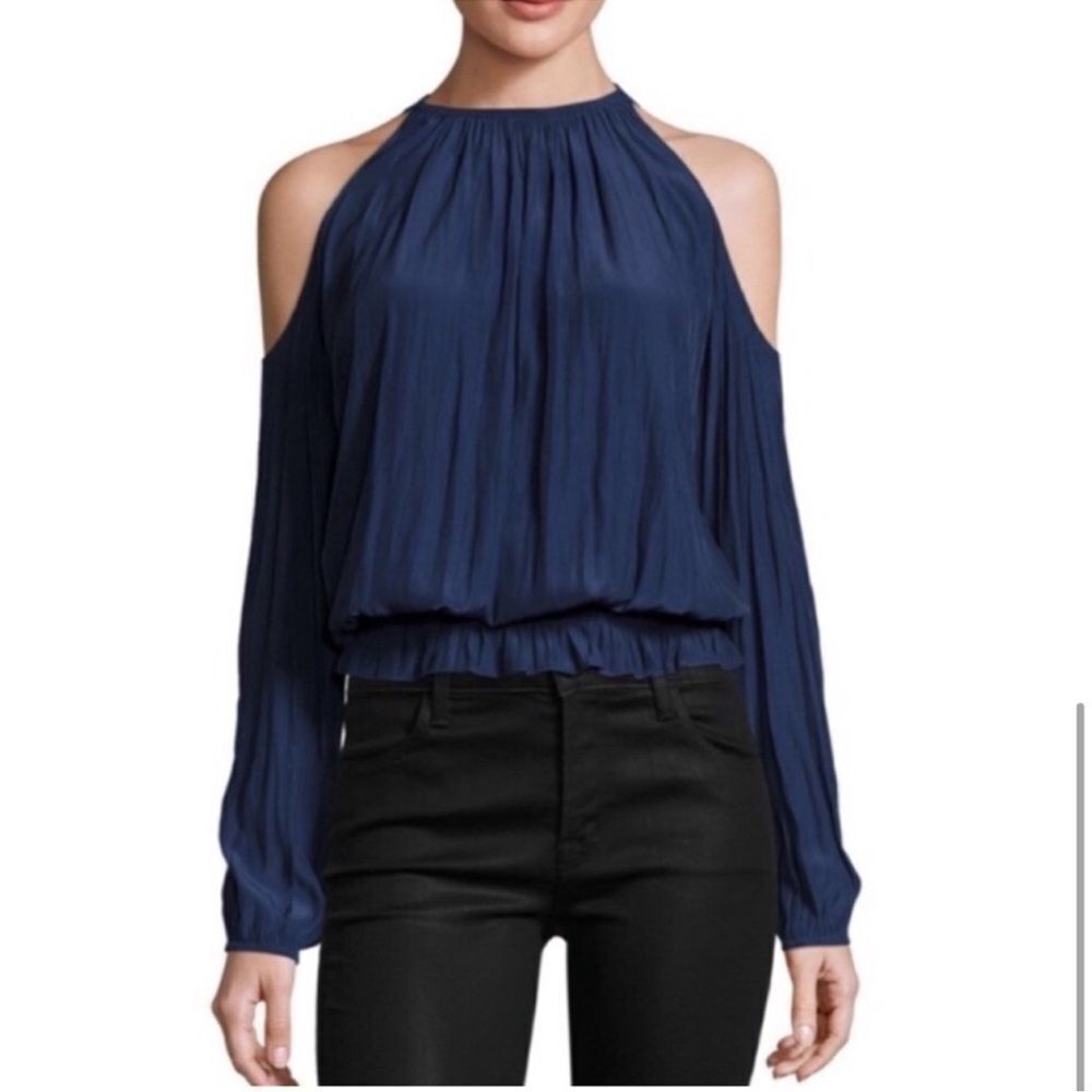 Ramy Brooks Lauren Cold Shoulder Blouse Navy Blue Size XS Long Sleeve