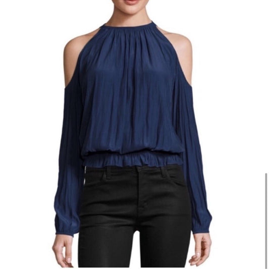 Ramy Brooks Lauren Cold Shoulder Blouse Navy Blue Size XS Long Sleeve