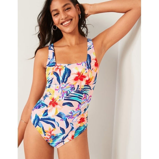 Old Navy Square Neck One Piece Tropical Floral Print Swimsuit Size Medium