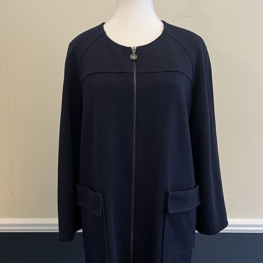 St. John Navy Blue Wool Blend Full Zip 3/4 Sleeve Knit Jacket Blazer Size Large