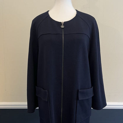 St. John Navy Blue Wool Blend Full Zip 3/4 Sleeve Knit Jacket Blazer Size Large