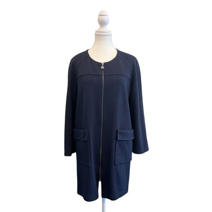 St. John Navy Blue Wool Blend Full Zip 3/4 Sleeve Knit Jacket Blazer Size Large