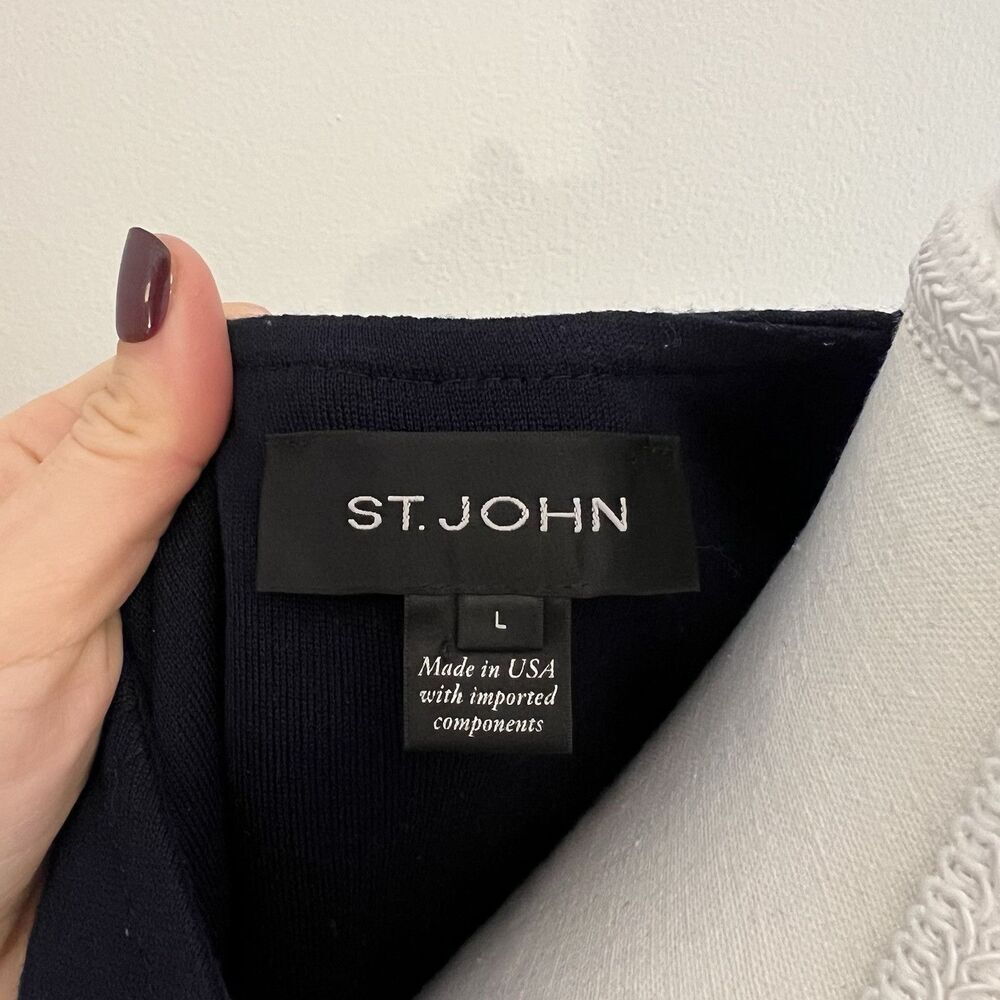 St. John Navy Blue Wool Blend Full Zip 3/4 Sleeve Knit Jacket Blazer Size Large