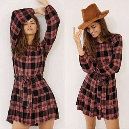 Anthropologie Cloth & Stone Daia Plaid Mini Dress Size Large (Missing Belt)