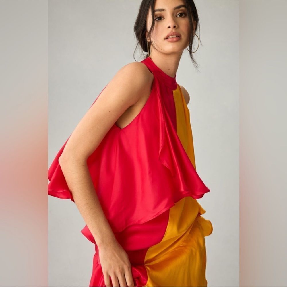 Anthropologie Pinnacle by Shruti Sancheti Mock-Neck Colorblock Ruffle Dress NEW