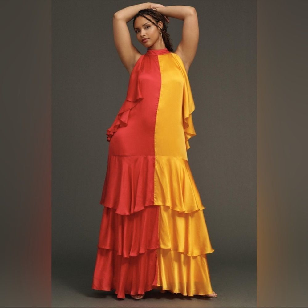 Anthropologie Pinnacle by Shruti Sancheti Mock-Neck Colorblock Ruffle Dress NEW
