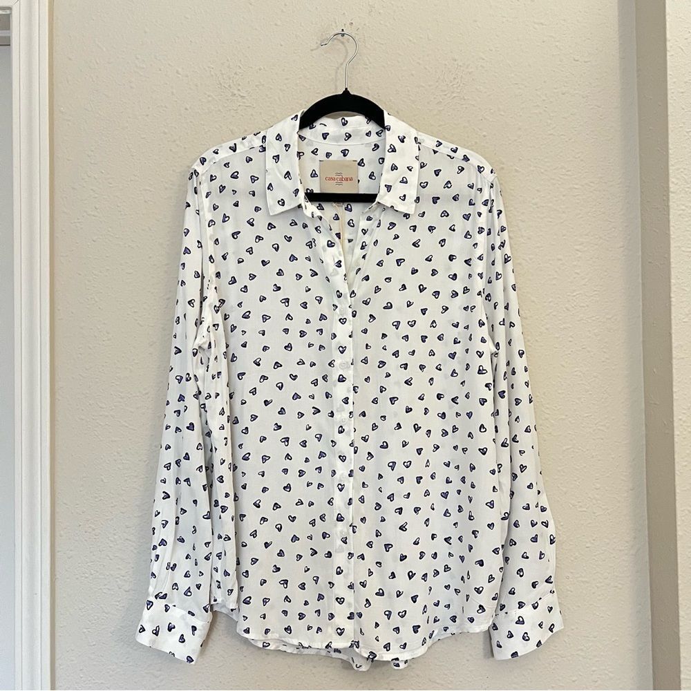 Casa Cabana Heart Print Long Sleeve Button Down Shirt Size Large Valentines Day