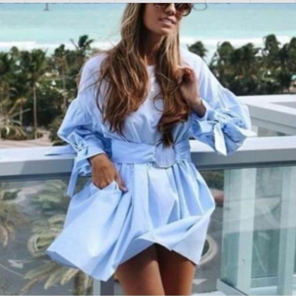 Zara Sky Blue Poplin Dress with Buckle Belt NEW Size Small Blogger Favorite