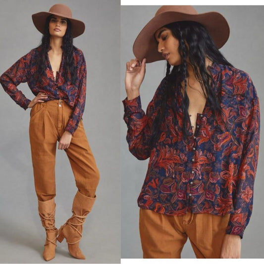 Anthropologie Pilcro The Tavi Floral Buttondown Blouse Top Size XS