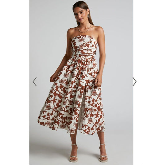 Showpo Evita Floral Midi Dress Ruched High Split Strapless NEW Size 14