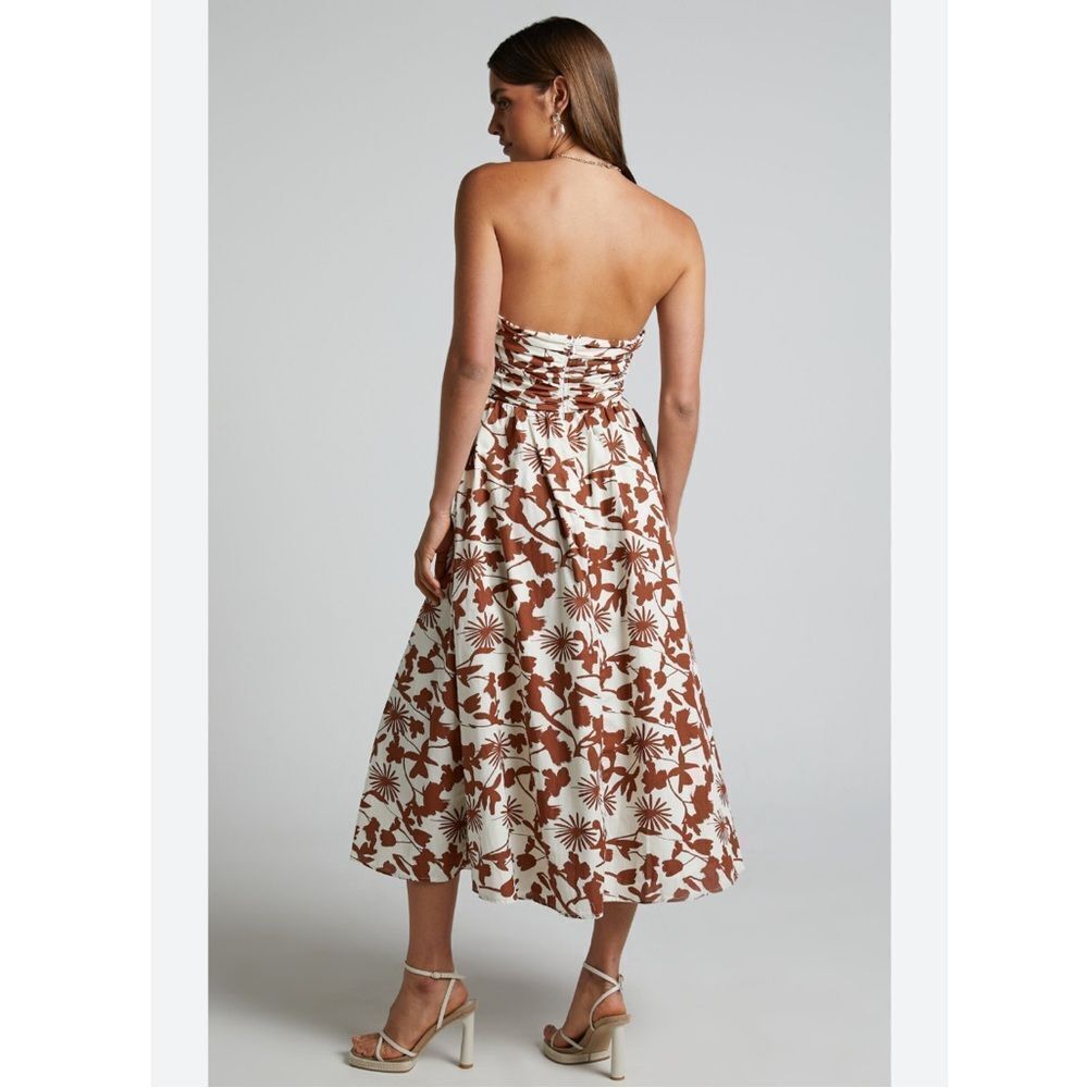Showpo Evita Floral Midi Dress Ruched High Split Strapless NEW Size 14