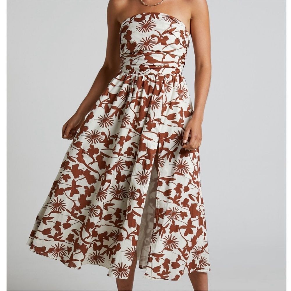 Showpo Evita Floral Midi Dress Ruched High Split Strapless NEW Size 14