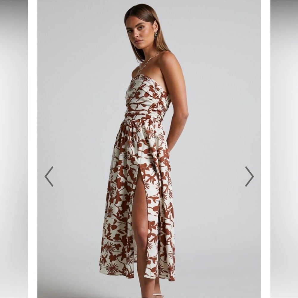 Showpo Evita Floral Midi Dress Ruched High Split Strapless NEW Size 14