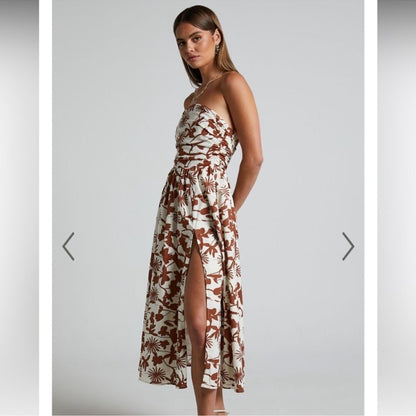 Showpo Evita Floral Midi Dress Ruched High Split Strapless NEW Size 14
