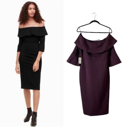 Aritzia Babaton Giovani Off The Shoulder Mini Pencil Dress in Burgundy NEW Size