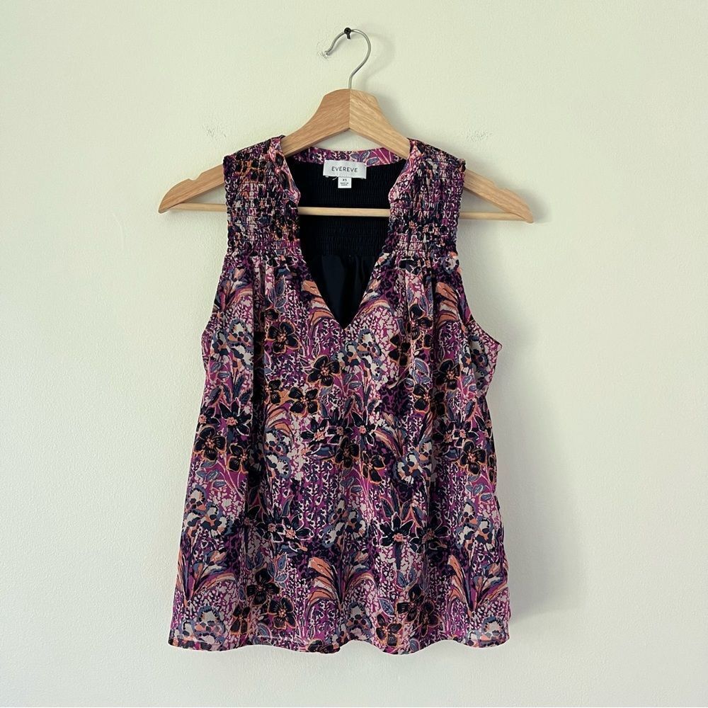 Evereve Darby Chiffon Smocked Floral Sleeveless Blouse Size XS Purple