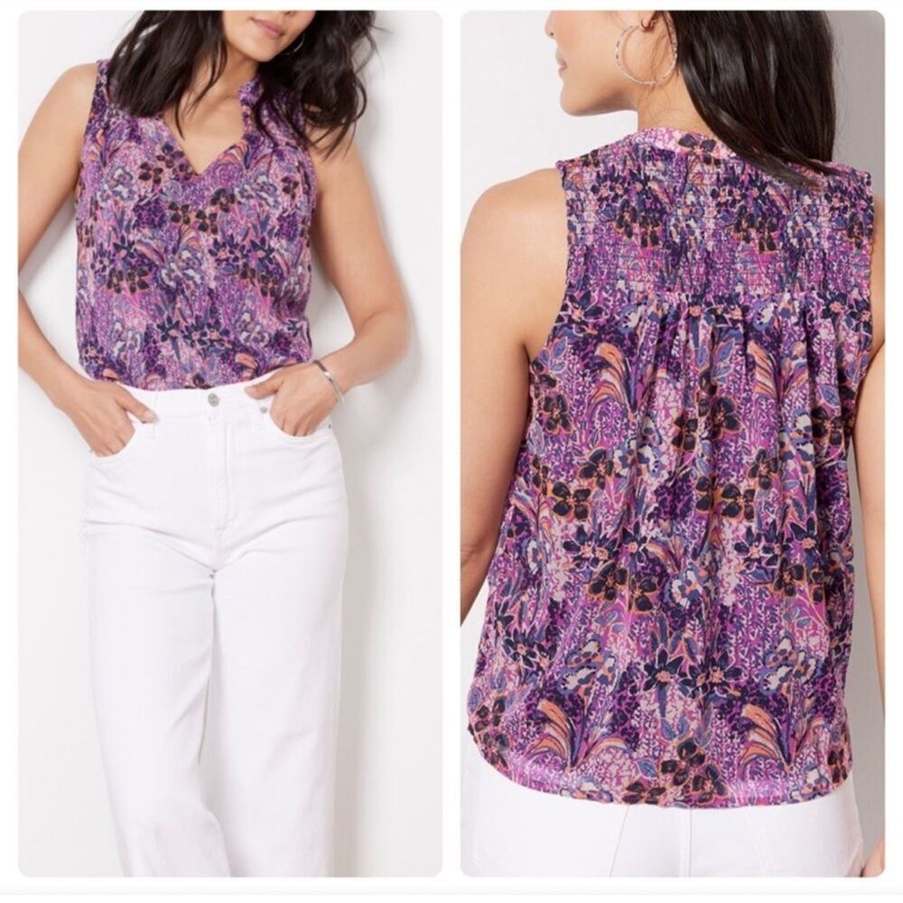 Evereve Darby Chiffon Smocked Floral Sleeveless Blouse Size XS Purple