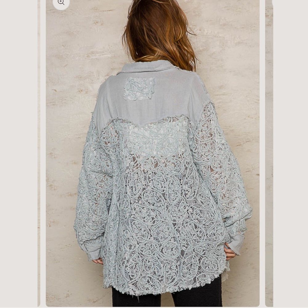 POL Oversized Lace Gauze Button Down Shirt Top Size Large