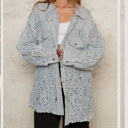 POL Oversized Lace Gauze Button Down Shirt Top Size Large