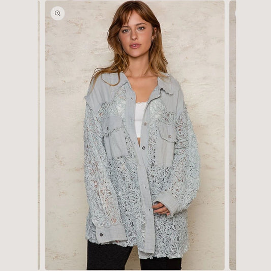 POL Oversized Lace Gauze Button Down Shirt Top Size Large