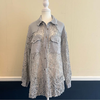 POL Oversized Lace Gauze Button Down Shirt Top Size Large