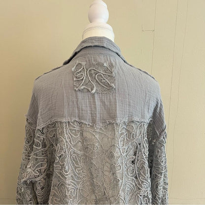 POL Oversized Lace Gauze Button Down Shirt Top Size Large