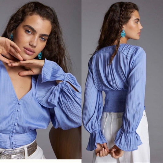 Anthropologie  Puff-Sleeved Blouse in Blue NEW Size Small