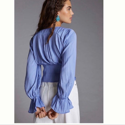 Anthropologie  Puff-Sleeved Blouse in Blue NEW Size Small
