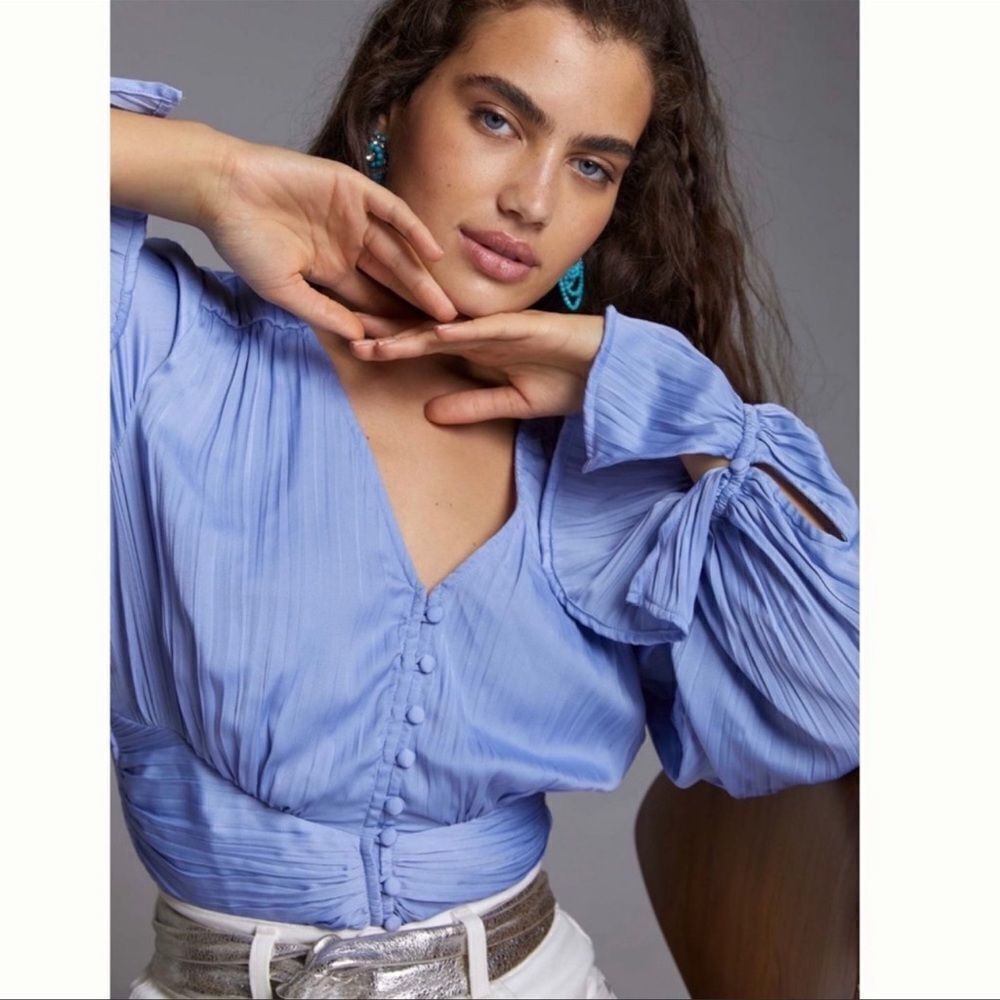 Anthropologie  Puff-Sleeved Blouse in Blue NEW Size Small
