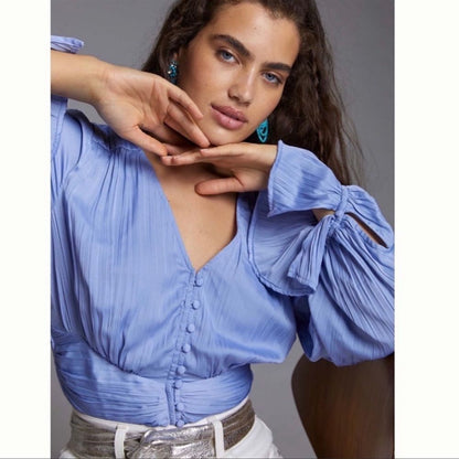 Anthropologie  Puff-Sleeved Blouse in Blue NEW Size Small
