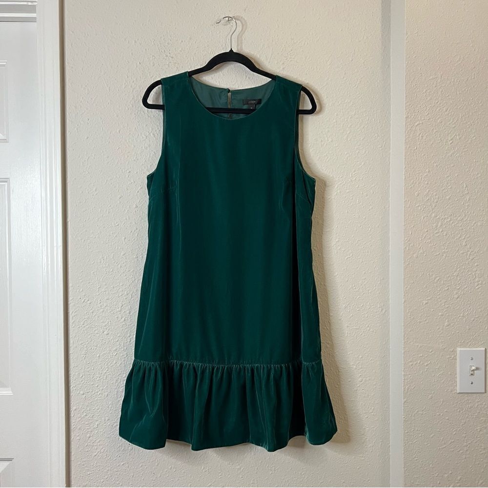 J. Crew Velvet Ruffle Hem Sleeveless Mini Dress in Emerald Green NEW Size 14