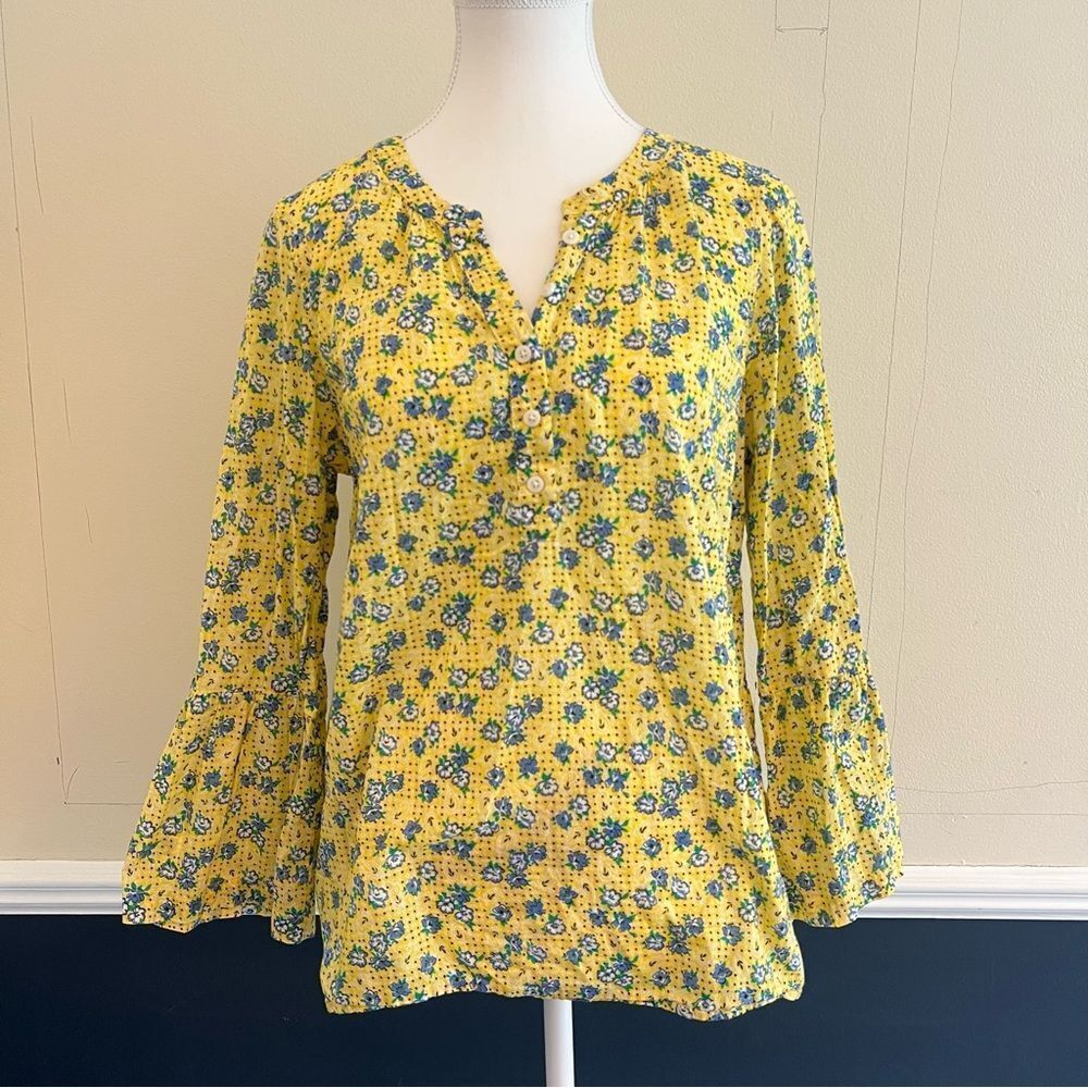 Talbots Floral Blouse Bandana Print Bell Sleeve Size Large Petite Popover