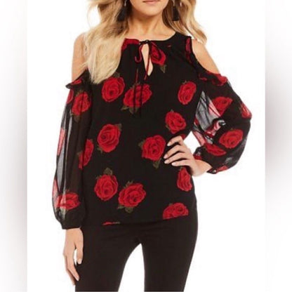 Sanctuary Cold Shoulder Rose Print Long Sleeve Blouse Black and Red Size Medium