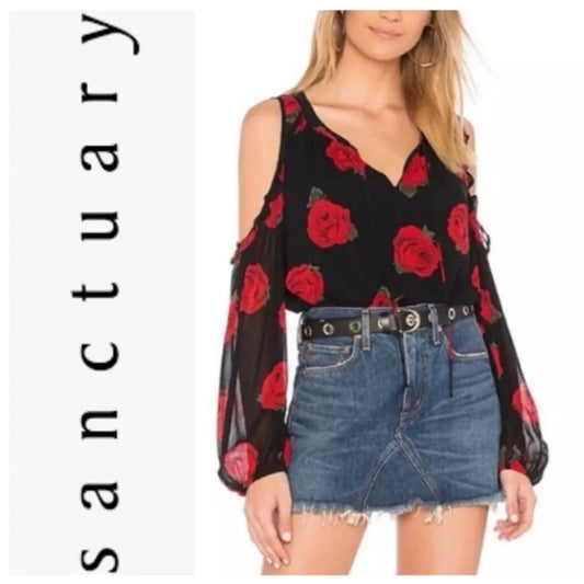 Sanctuary Cold Shoulder Rose Print Long Sleeve Blouse Black and Red Size Medium