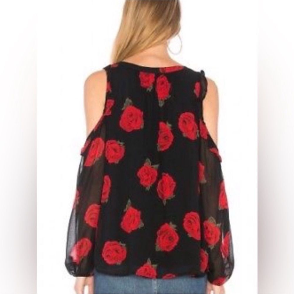 Sanctuary Cold Shoulder Rose Print Long Sleeve Blouse Black and Red Size Medium