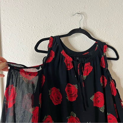 Sanctuary Cold Shoulder Rose Print Long Sleeve Blouse Black and Red Size Medium