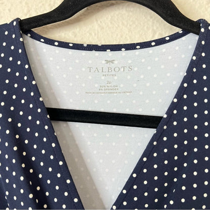 Talbots Polka Dot Faux Wrap Stretch Dress Size 2 Petites Navy Blue