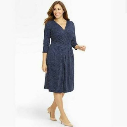 Talbots Polka Dot Faux Wrap Stretch Dress Size 2 Petites Navy Blue