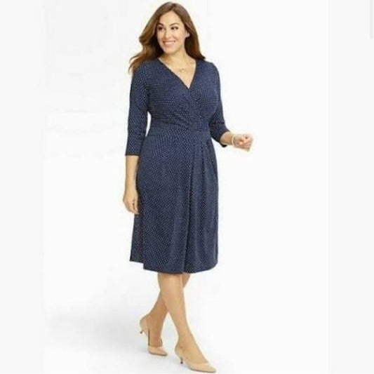 Talbots Polka Dot Faux Wrap Stretch Dress Size 2 Petites Navy Blue