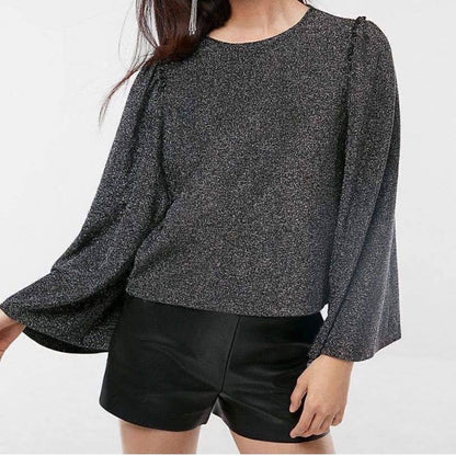 Express Sparkling Silver Metallic Bell Puff Sleeve Blouse Top Size Medium